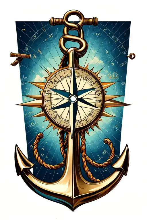 Anchor with compass wind rose nautical chart and sail tattoo design idea