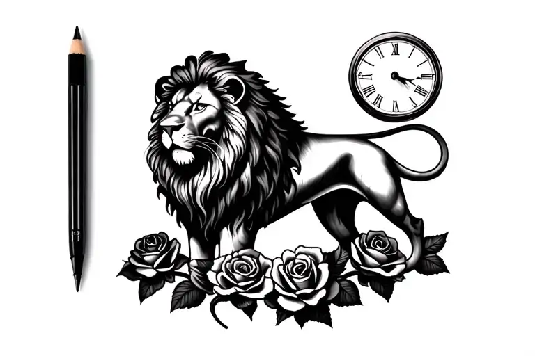 lion with clock face and three roses  tattoo design idea