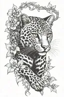 leopard print/ leopard cat climbing up  vines with flowers  tattoo design idea