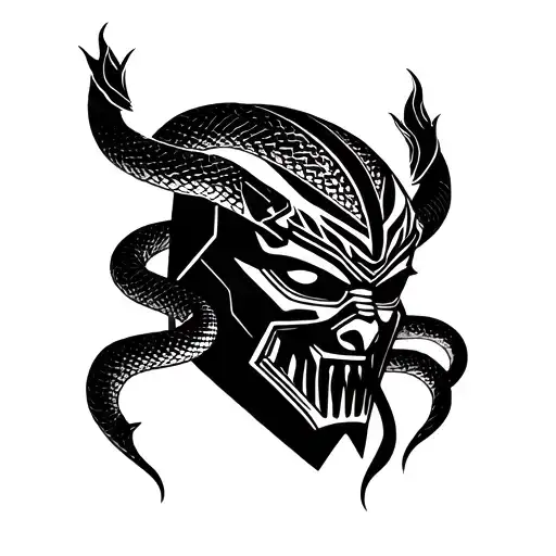 Oni mask in the shape of darth mauls face with a snake coiled around it tattoo design idea