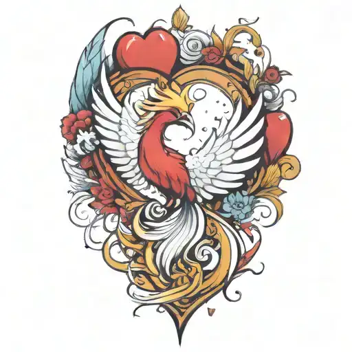 heart phoenix feathers falling tattoo design idea