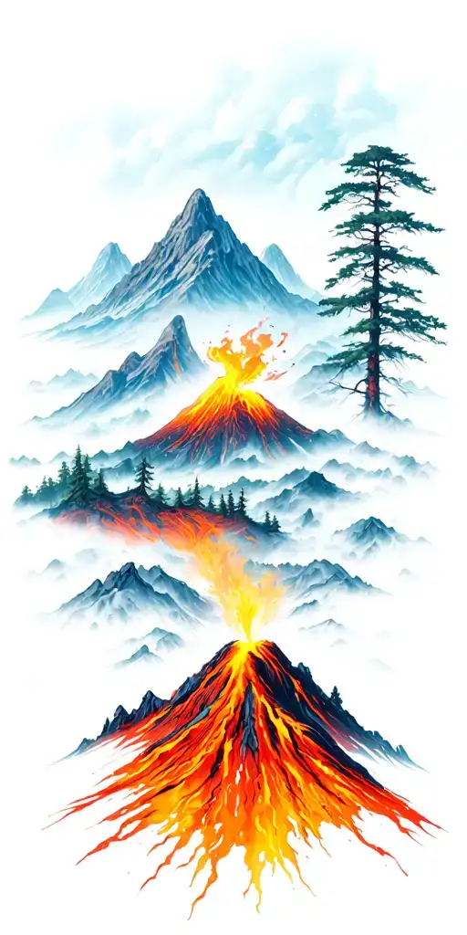 volcano forrest and mountains tattoo design idea