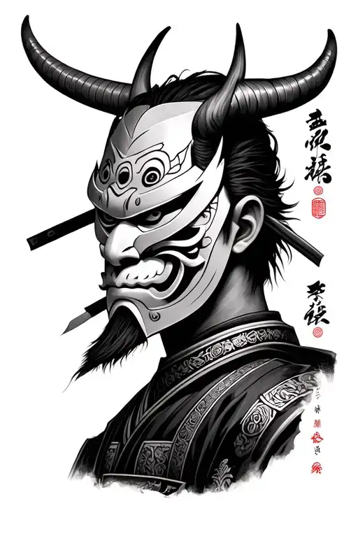 realistic ronin samurai half body with oni mask tattoo design idea