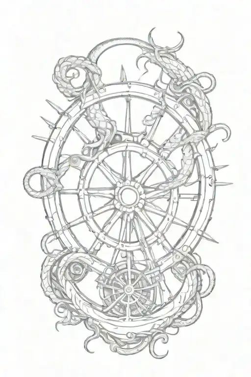 A large, powerful kraken with long, sinuous tentacles coiling and wrapping tightly around a classic ship captain's wheel tattoo design idea