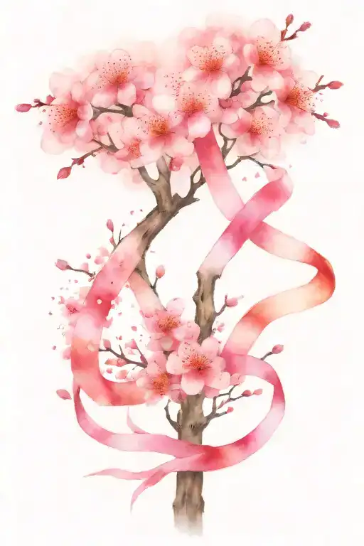 breast cancer ribbon with cherry blossom tree growing tattoo design idea