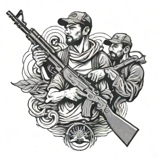 four man holding ak47 on the background sea waves tattoo design idea