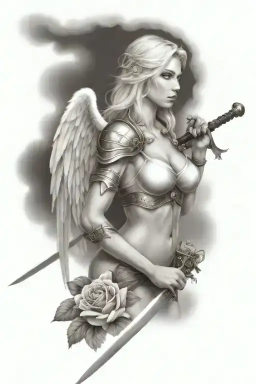 a sexy blond female angel as a warrior with a sword, some clouds, a rose and a Cross for a halfsleeve tattoo tattoo design idea
