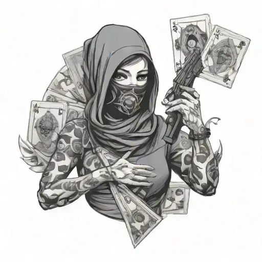 balaclava girl holding a gun with cards arranged tattoo design idea