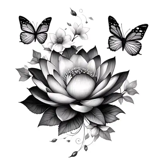“Black and gray pencil style. Lotus at base, smoke trail with butterflies and flowers like roses and cherry blossoms tattoo design idea