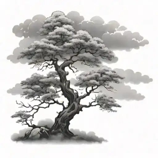 japanese maple tree surrounded by clouds tattoo design idea