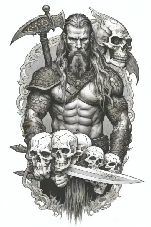 viking with long hair holdiing a sword surround by skulls tattoo design idea