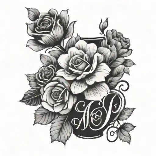 script lettering with vase and flower arrangement in middle overlapping some words tattoo design idea