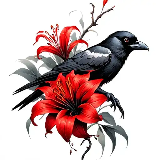 Japanese red spider lily and a raven tattoo design idea
