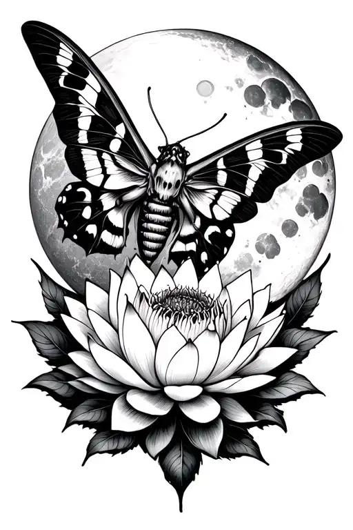death moth resting with lotus flower and stipple moon tattoo design idea