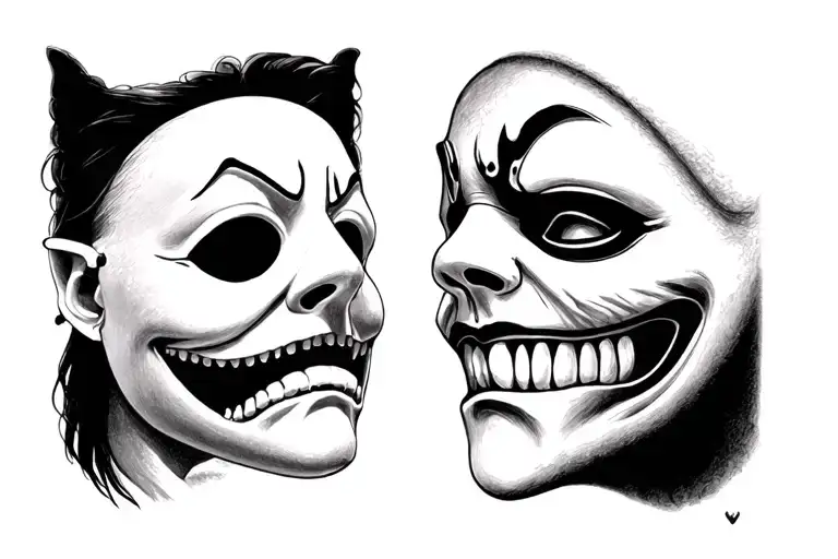 happy mask and sad mask next to each other. horror style  tattoo design idea