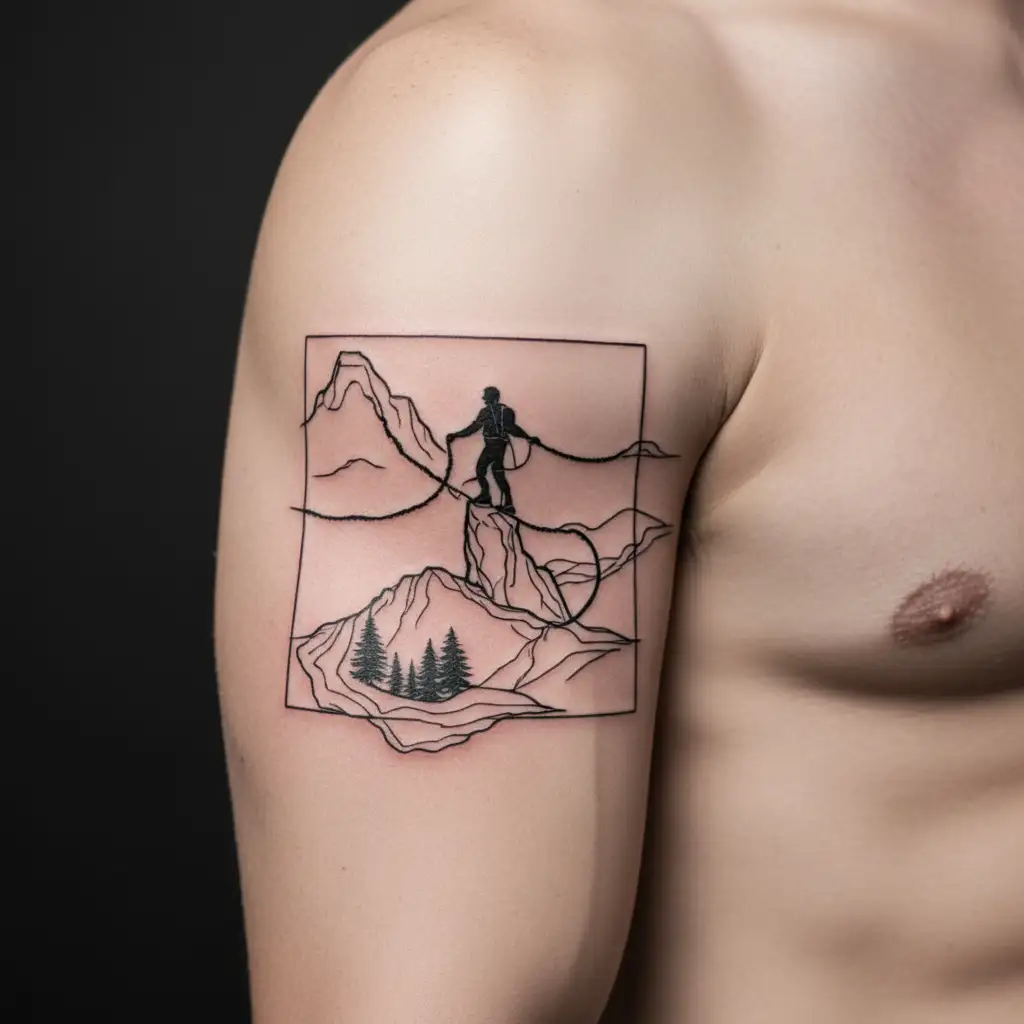 A minimalist design of a hiker silhouette on a mountain peak, with a shibari rope pattern intertwined around the figure, symbolizing the client's passion for hiking and shibari tattoo design idea