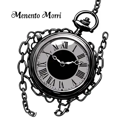 on the chest: a pocket watch (4:24, Roman numerals) with chains turning into vines. Above the watch, 'Memento Mori' in  tattoo design idea