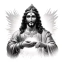 Create image i want to get tatto , which includes jesus and lord krishna touching hands like creation of adams  tattoo design idea