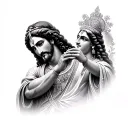 Create image i want to get tatto , which includes jesus and lord krishna touching hands like creation of adams  tattoo design idea