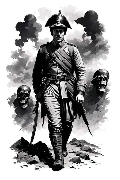 Black and white british soldier walking through the valley of the shadow of death tattoo design idea