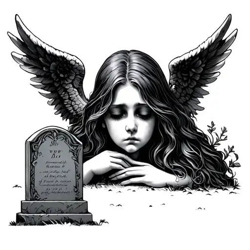 Sad Angel hidden face near gravestone tattoo design idea
