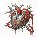 Silver Realistic Human Heart, bleeding, wrapped in thorns, bloody, Black red, veins Vessels, Aorta valve, dripping blood tattoo design idea