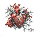 Silver Realistic Human Heart, bleeding, wrapped in thorns, bloody, Black red, veins Vessels, Aorta valve, dripping blood tattoo design idea