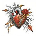 Silver Realistic Human Heart, bleeding, wrapped in thorns, bloody, Black red, veins Vessels, Aorta valve, dripping blood tattoo design idea