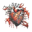 Silver Realistic Human Heart, bleeding, wrapped in thorns, bloody, Black red, veins Vessels, Aorta valve, dripping blood tattoo design idea