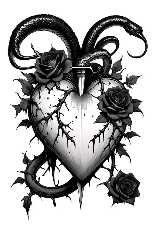 Dagger piercing a realistic bleeding heart ensnared by black roses with thorns. Add a black mamba rising up tattoo design idea