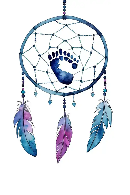 dream catcher with deer footprint in center, 8 feathers 18 notches in web and 18 beads tattoo design idea