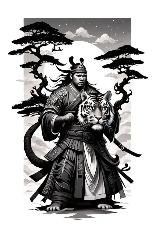 Japanese warrior and trees with a tiger tattoo design idea