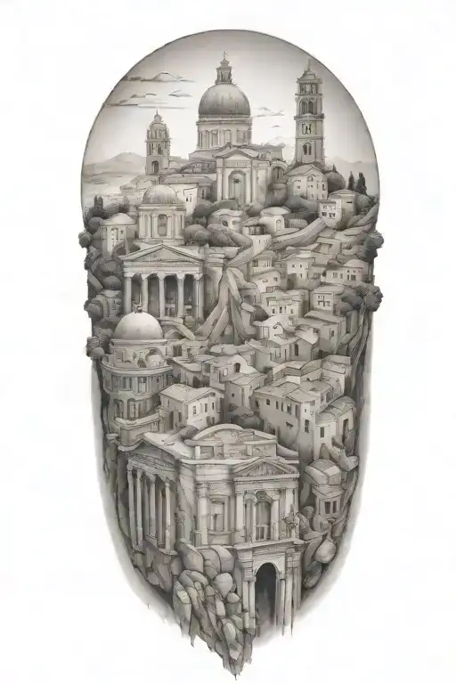 travel inspired tattoo with edges that fade softly, featuring italian and greek inspired buildings and landscape  tattoo design idea