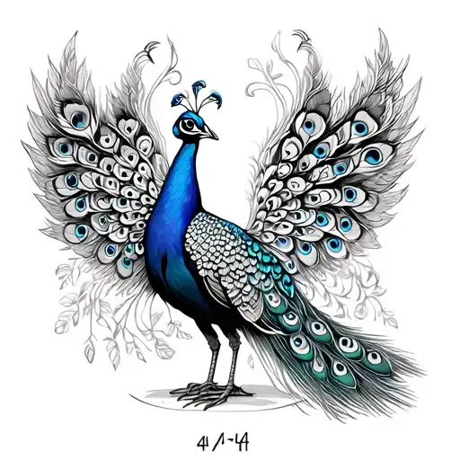 fineline outline of peacock with the 444 angel number tattoo design idea