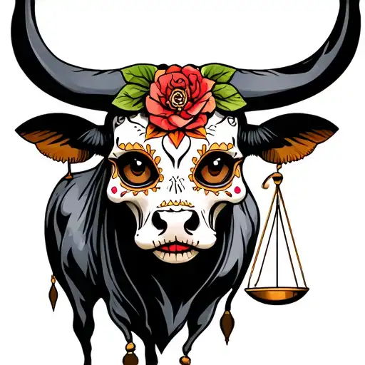 feminine bull with sugar skull markings, brown eyes and two Libra scales and dark background tattoo design idea