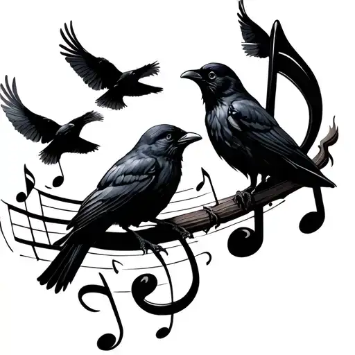 music note with small crows flying from it tattoo design idea