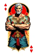 muscular old Hermes with the 7 of diamonds in his right hand, 2 of spades in his left, arms crossed across his chest tattoo design idea