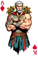 muscular old Hermes with the 7 of diamonds in his right hand, 2 of spades in his left, arms crossed across his chest tattoo design idea