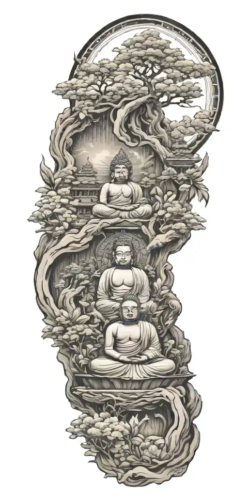 Buddhist inspired and representing someone's spiritual journey. focus on nature scenary. 1 small subtle buddah only tattoo design idea
