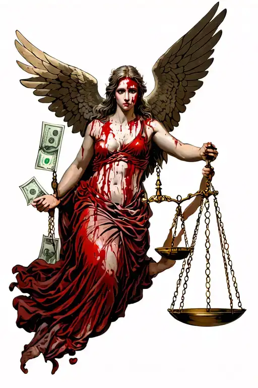 A beaten up, bruised, and bloody blind lady justice with Saint Michael trying to protect her. Her scales tilt with money tattoo design idea