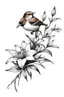sparrow and lily flower bouquet tattoo design idea