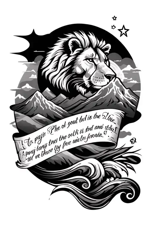 thin line upper arm, include the scripture Phillippians 4:13 and has designs of a lion head, mountains, waves and star tattoo design idea