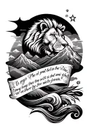 thin line upper arm, include the scripture Phillippians 4:13 and has designs of a lion head, mountains, waves and star tattoo design idea