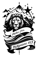 thin line upper arm, include the scripture Phillippians 4:13 and has designs of a lion head, mountains, waves and star tattoo design idea