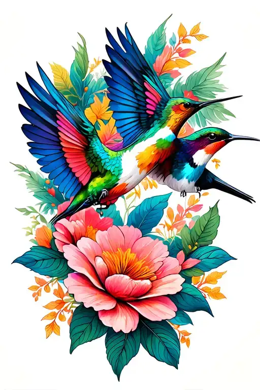 masculine hummingbirds with flowers tattoo design idea