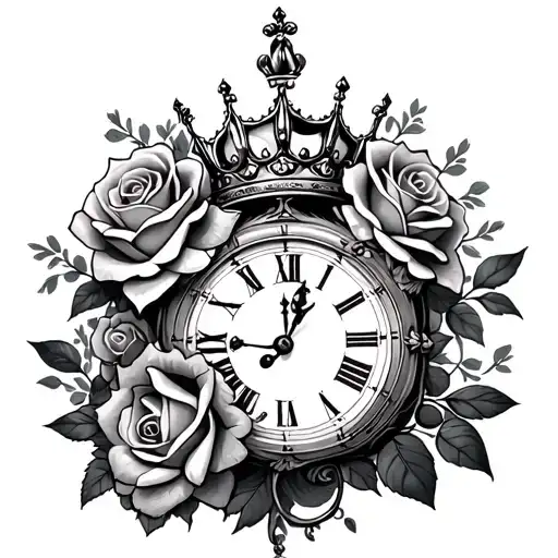 roses, clock and lion wearing a crown tattoo design idea