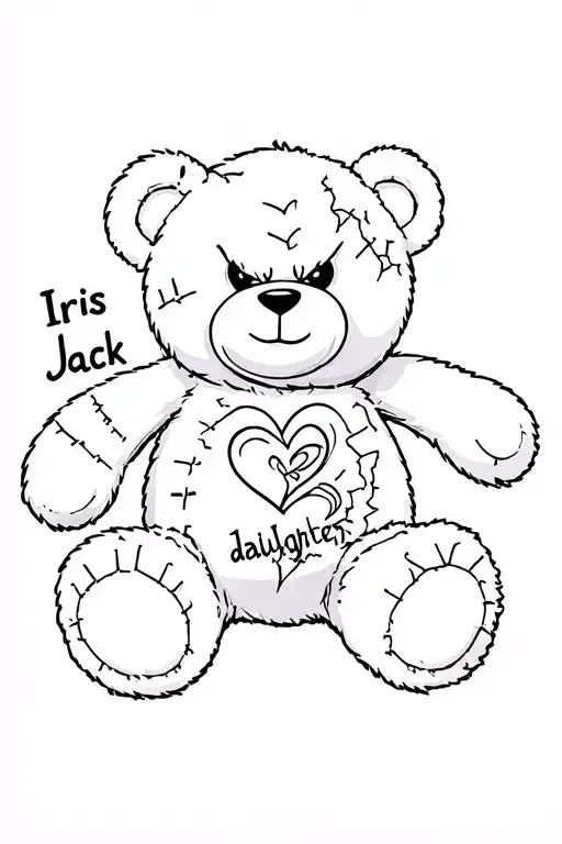 "Iris Jack" evil teddy bear badly damaged with stitches with a broken heart thats been mended and repaired and my daughters name  tattoo design idea