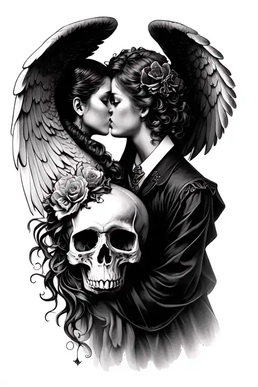 angel kissing skull soft shading tattoo design idea