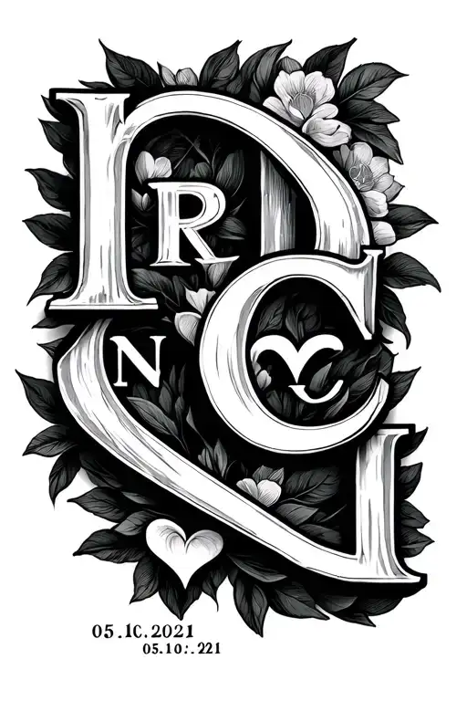 hidden, intertwined letters R, A, N, C, and I representing family. The date 05.10.2021 and a small heart are subtly hidd tattoo design idea