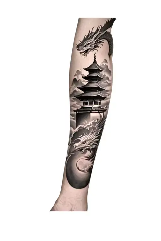 a japanese pagoda with a dragon at the bottom and a dragon floating above the pagoda. all in tribal style tattoo design idea